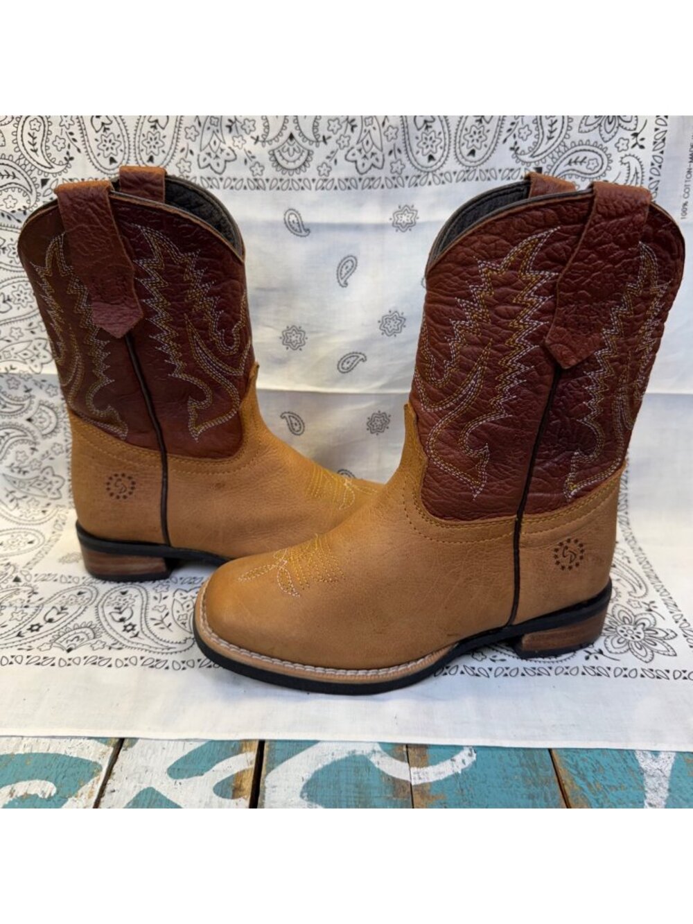 CABALLO DORADO BOYS BROWN/TAN LEATHER COWBOY WESTERN BOOTS Sz 18.5/12-12.5 EUC